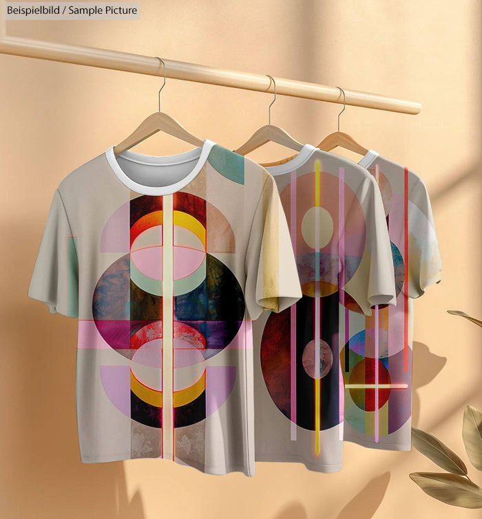 Three T-shirts with abstract geometric designs in vibrant colors hanging on a wooden rack.