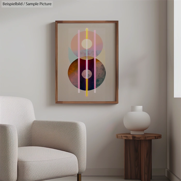 Modern interior with abstract artwork, white armchair, wooden side table, and a minimalist design lamp.