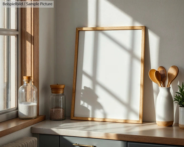 Sunlit kitchen counter with empty wooden photo frame and utensils in ceramic holder.