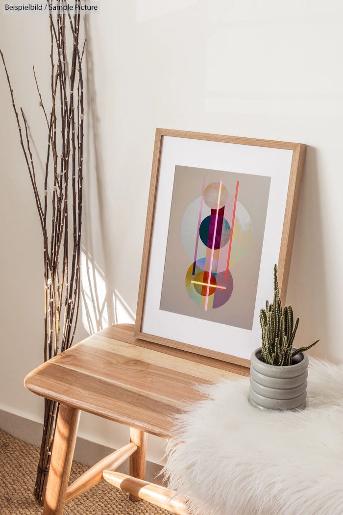 Minimalist room with abstract art, wooden bench, branches, and potted cactus.