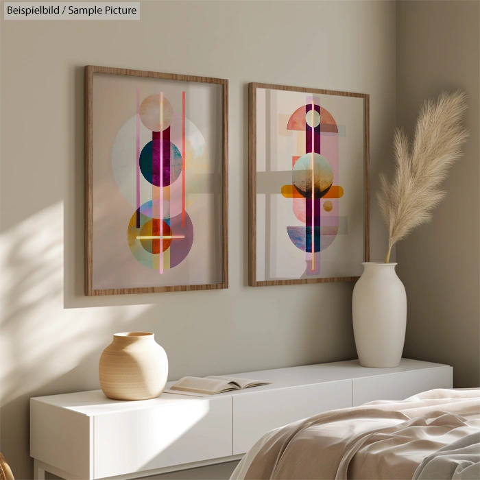 Minimalist bedroom with abstract art, beige walls, white dresser, and decorative vases, enhanced by soft natural light.