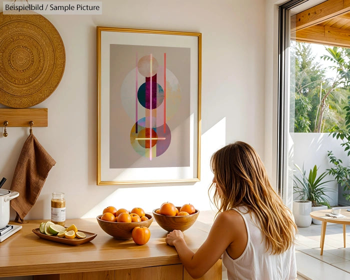 Woman sitting at a wooden table with bowls of oranges and citrus slices, modern abstract art on the wall, sunlit room.