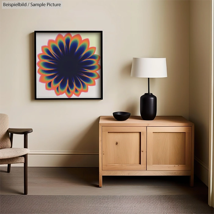 Abstract flower artwork hanging on wall in a modern room with wooden cabinet, black lamp, and chair.