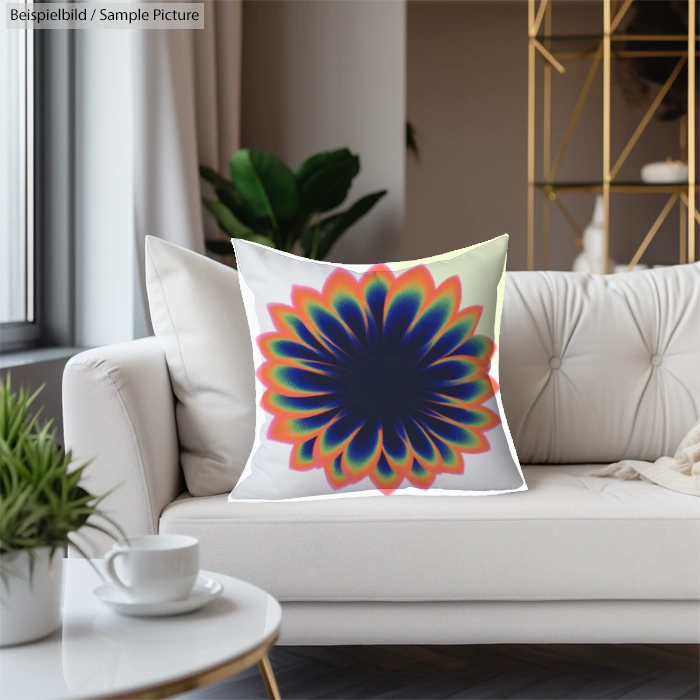 Cushion with a vibrant, multicolored abstract flower design on a white sofa, surrounded by modern decor elements.