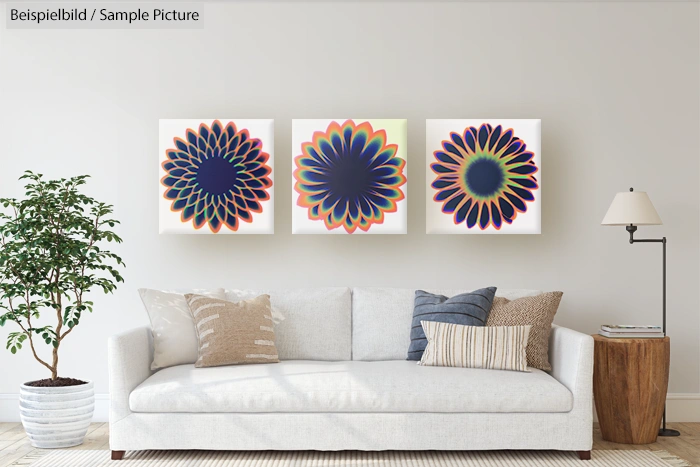 Modern living room with beige sofa, decorative pillows, three abstract flower artworks on wall, and a potted plant.