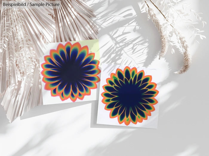 Two colorful, abstract sunflower-like artworks on a white surface, with decorative dried palm and grass shadows.