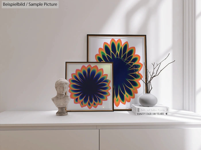 Two vibrant floral art prints on a cabinet with a bust sculpture and minimalist decor.
