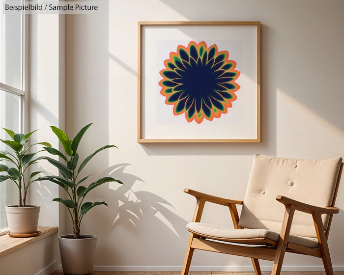 Modern interior with framed floral artwork, wooden armchair, and potted plants by a sunlit window.