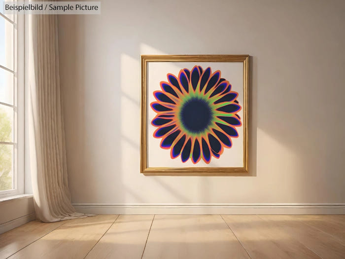 Modern abstract painting with petal-like colorful pattern, framed in gold, hung on a beige wall by a sunlit window.