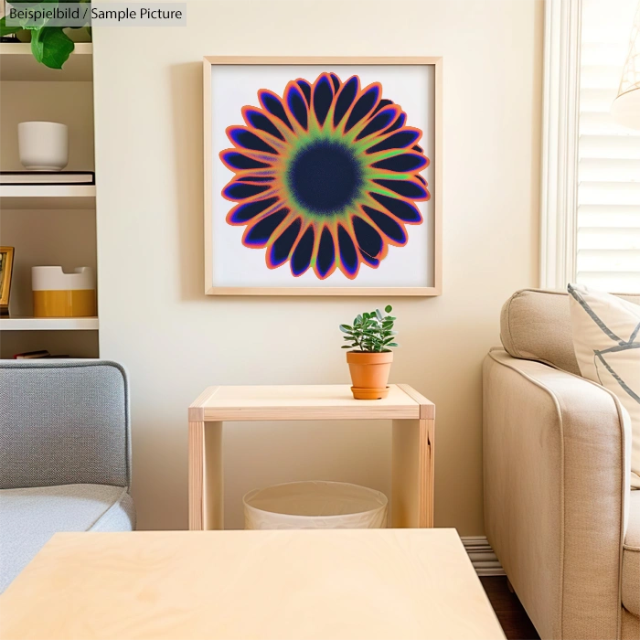 Modern living room with abstract sunflower artwork, wooden furniture, and small potted plant on table.