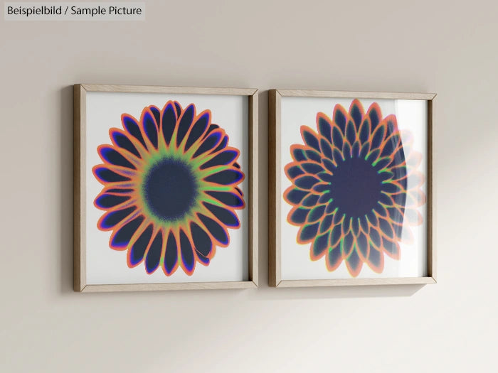 Two framed flower-like abstract artworks with vibrant colors, displayed side by side on a beige wall.