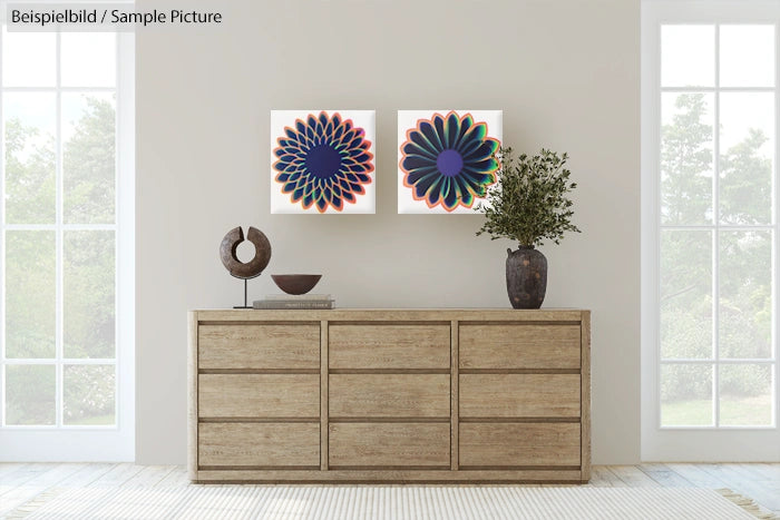 Minimalist living room with wooden dresser, abstract floral artwork, sculpture, and potted plant on top.