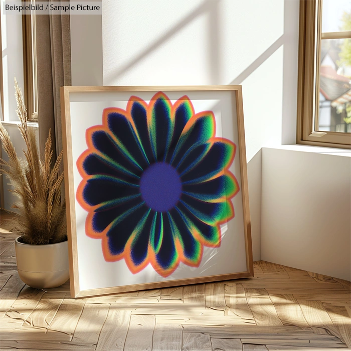 Framed abstract flower art with vibrant colors leaning against a sunlit wall.