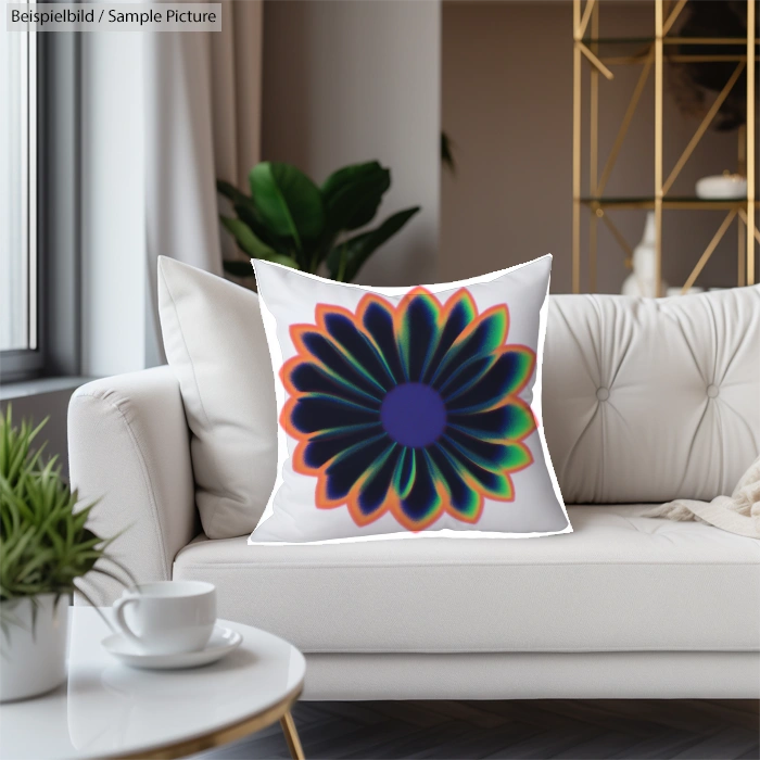Modern living room with a white sofa featuring a decorative pillow with a vibrant abstract flower design.