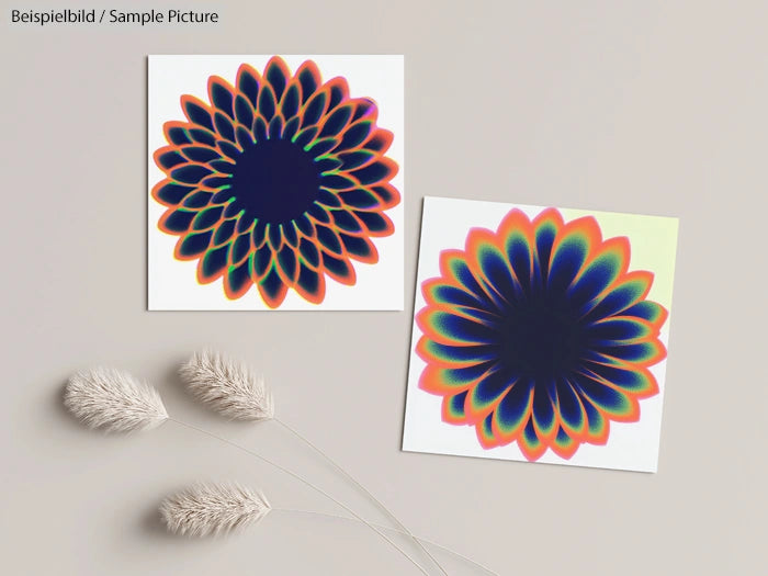Two abstract floral images with radiating rainbow petals, placed on a neutral background with dried grass stems.