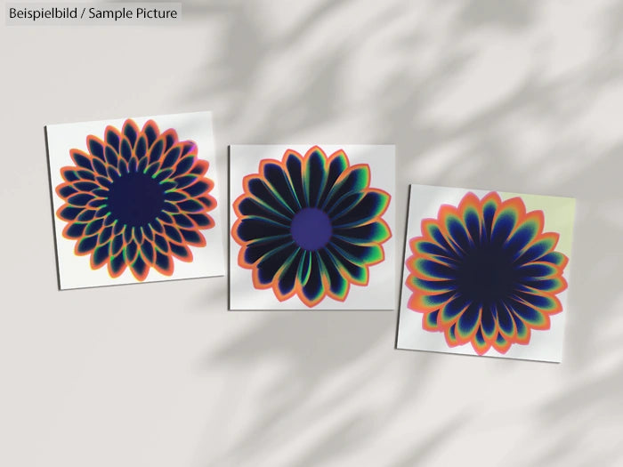 Three colorful abstract flower designs on square paper, displayed on a light surface with shadow overlays.