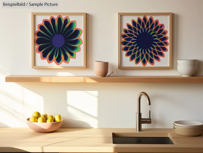 Modern kitchen with wooden shelves, a sink, and framed abstract flower artworks, illuminated by sunlight.