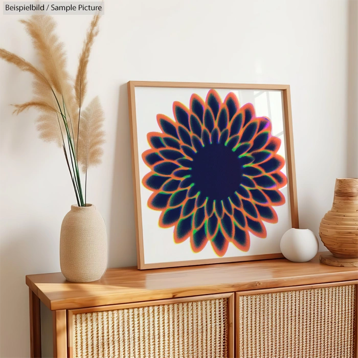 Framed abstract flower art with colorful petals on wooden cabinet, next to a vase of pampas grass.
