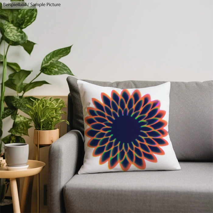 Cushion with colorful floral pattern on a gray sofa, plant and wooden side table nearby in a modern living room.
