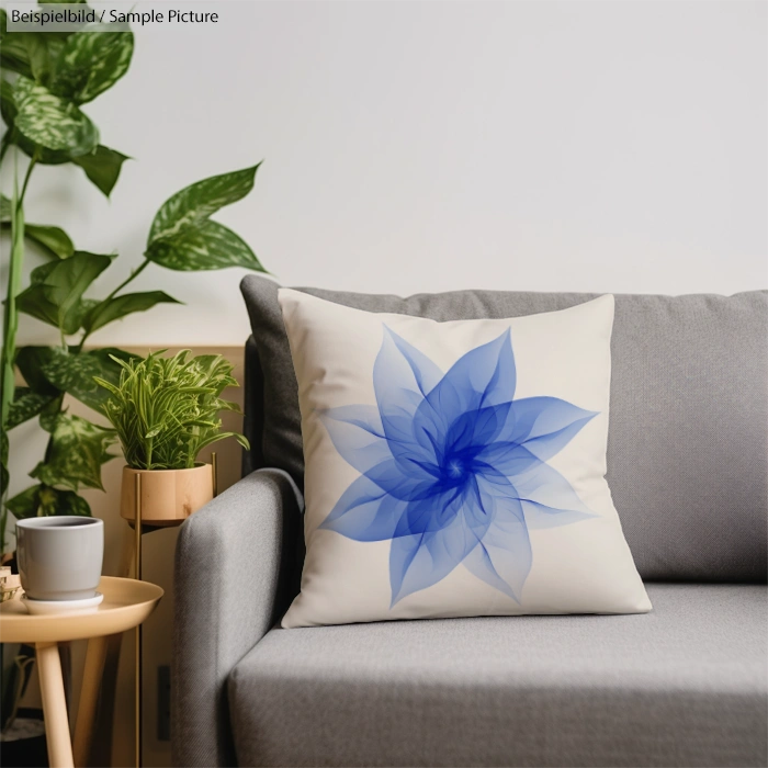 Decorative pillow with blue flower design on gray sofa, surrounded by green plants and a small table with a cup.