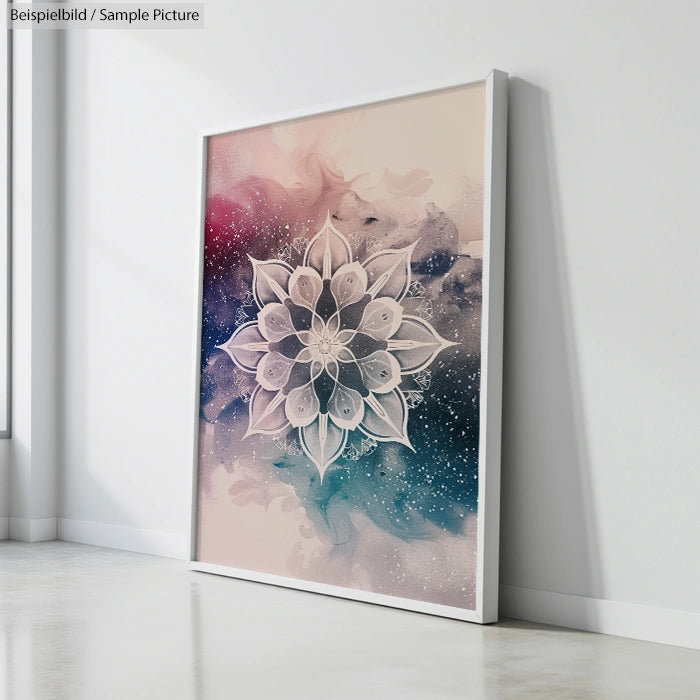 Large abstract painting with mandala design and colorful cosmic background leaning against a white wall.