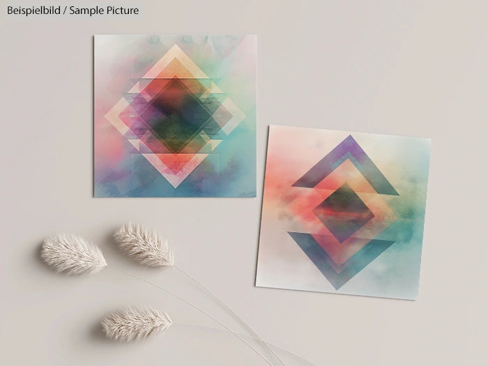 Two abstract geometric art prints with colorful patterns on a light background, accompanied by dried fluffy plants.
