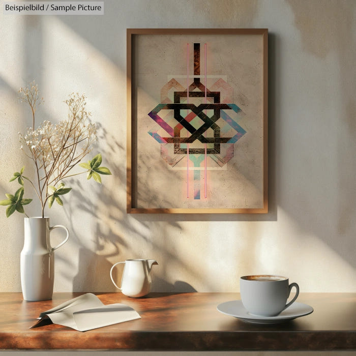 Framed geometric artwork on wall, with vase and teapot, cup of coffee on table. Sunlight creates shadows.