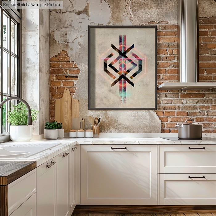 Modern kitchen with a brick accent wall and abstract geometric artwork, featuring white cabinets and stainless steel appliances.