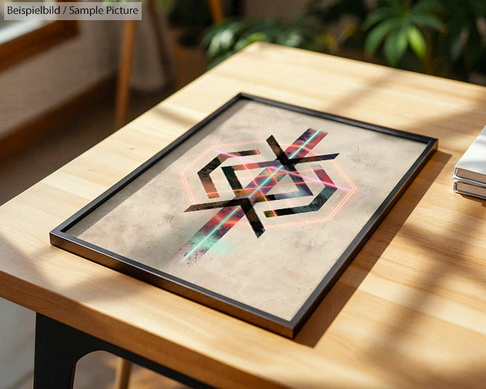 Framed geometric artwork with intersecting lines on a wooden table.