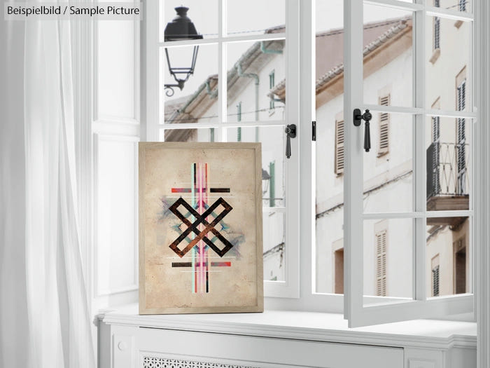 Framed abstract geometric artwork displayed on a windowsill with a view of buildings outside.