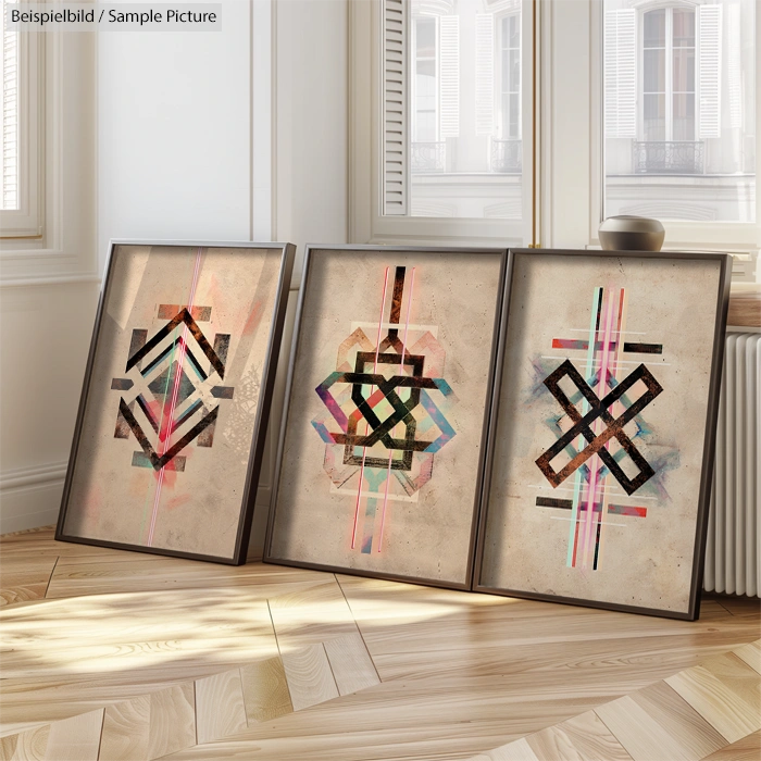 Three abstract geometric paintings in frames displayed on the floor of a bright room with large windows and hardwood floors.