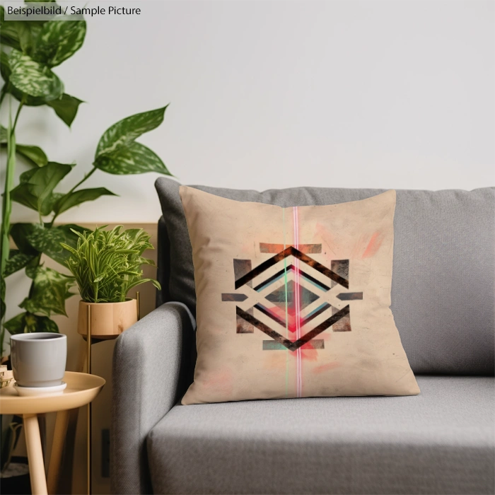 Geometric patterned pillow on gray sofa with potted plants, wooden side table, and minimalistic decor.
