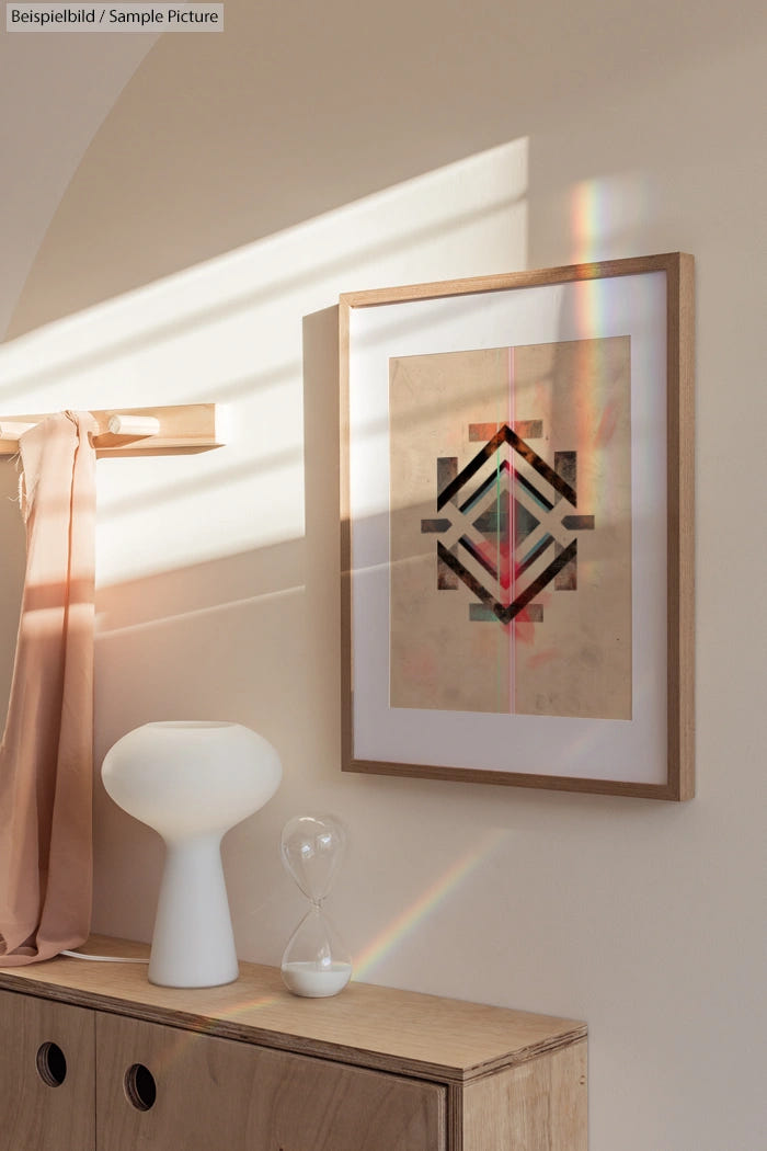 Modern interior with abstract geometric framed art, white lamp, sand timer, and pastel curtain under sunlight.