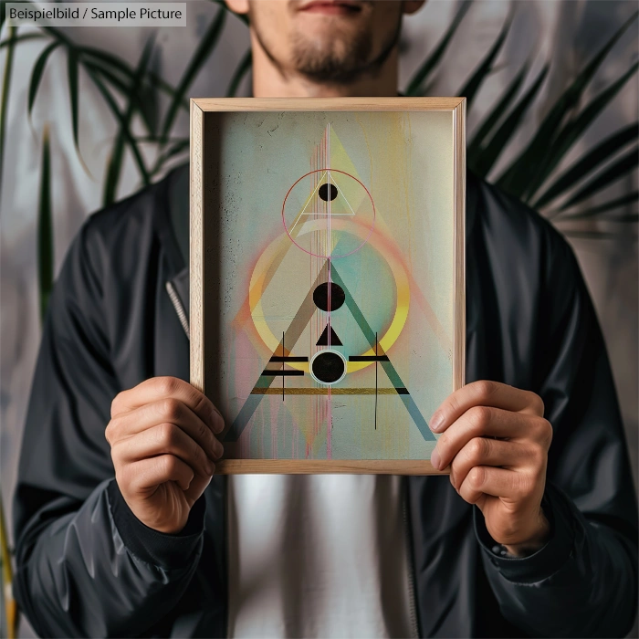 Person holding framed abstract geometric art with triangular design and circles, set against plant background.