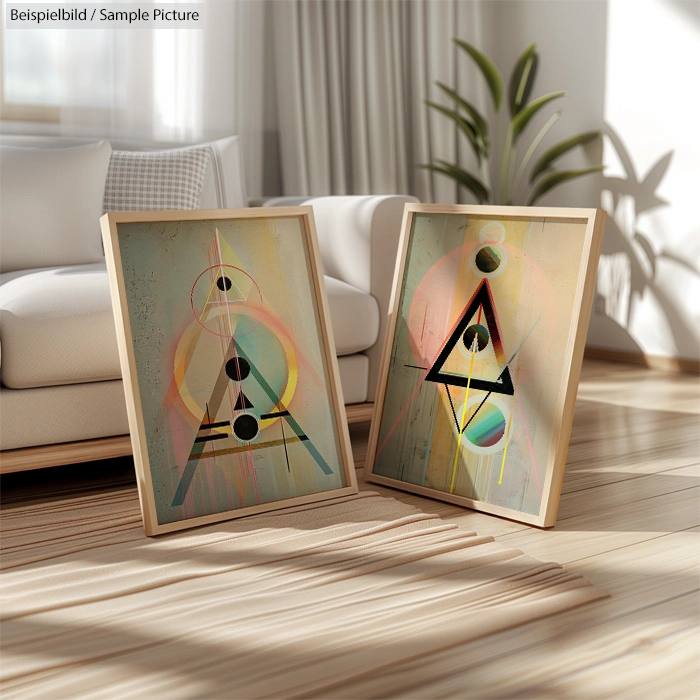 Two framed abstract geometric paintings with triangles and circles on a wooden floor, sunlit room with white sofa and plant.