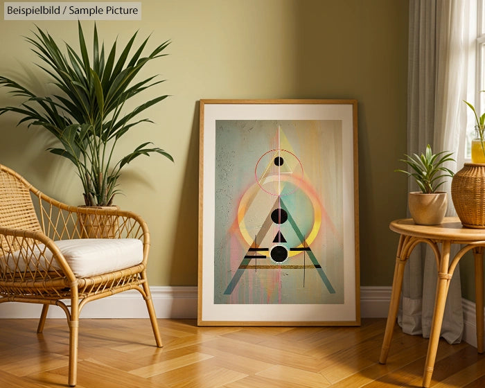Living room with abstract geometric art, wicker chair, and potted plants by a window.