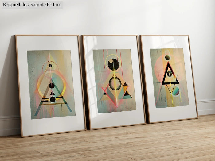 Three framed abstract paintings with geometric shapes, featuring circles and triangles, on a wooden floor.