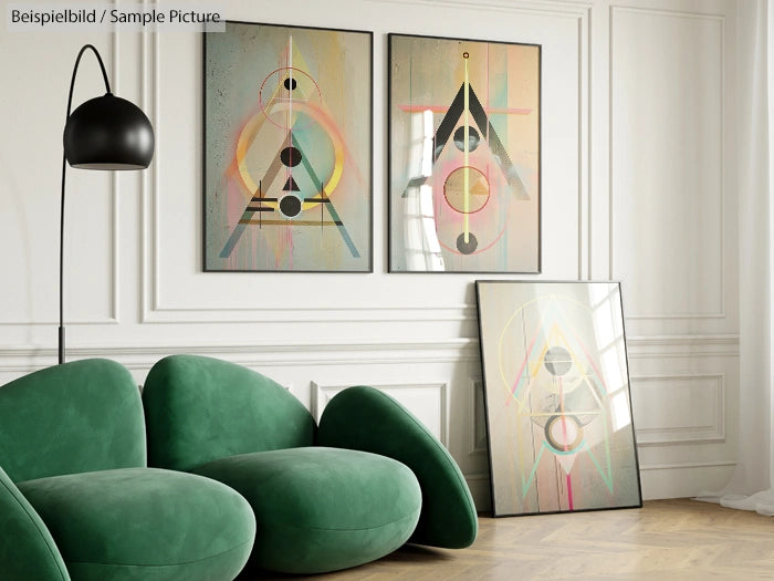 Contemporary living room with green sofa, abstract paintings on wall and floor lamp.