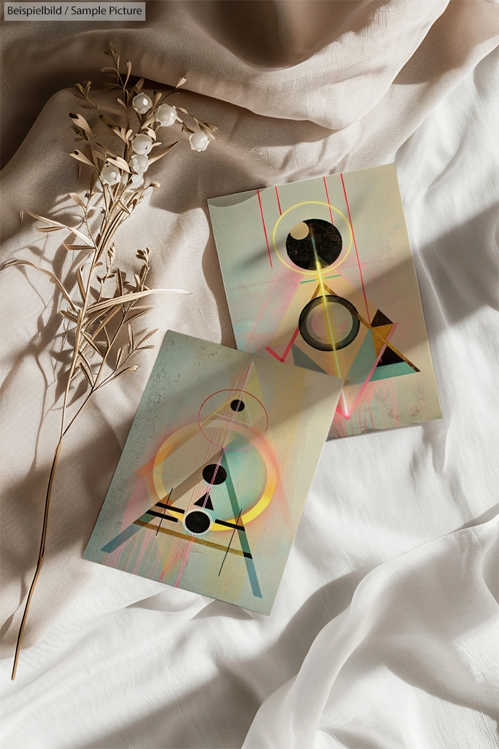 Geometric abstract art prints on fabric with dried flowers, featuring circles and lines in pastel shades.