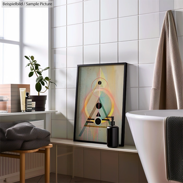 Bathroom with modern art, plant, and toiletries on a bench next to a bathtub.