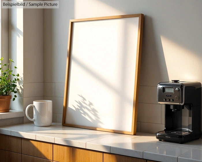 Empty wooden frame on kitchen counter next to coffee machine and mug, with sunlight streaming through window.