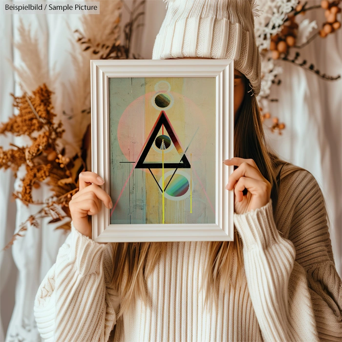 Person in cozy sweater and hat holding abstract geometric art with circles and triangles, framed, in front of face.