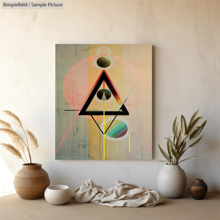 Abstract geometric painting with triangles, circles, and pastel colors on a wall with vases and pampas grass.