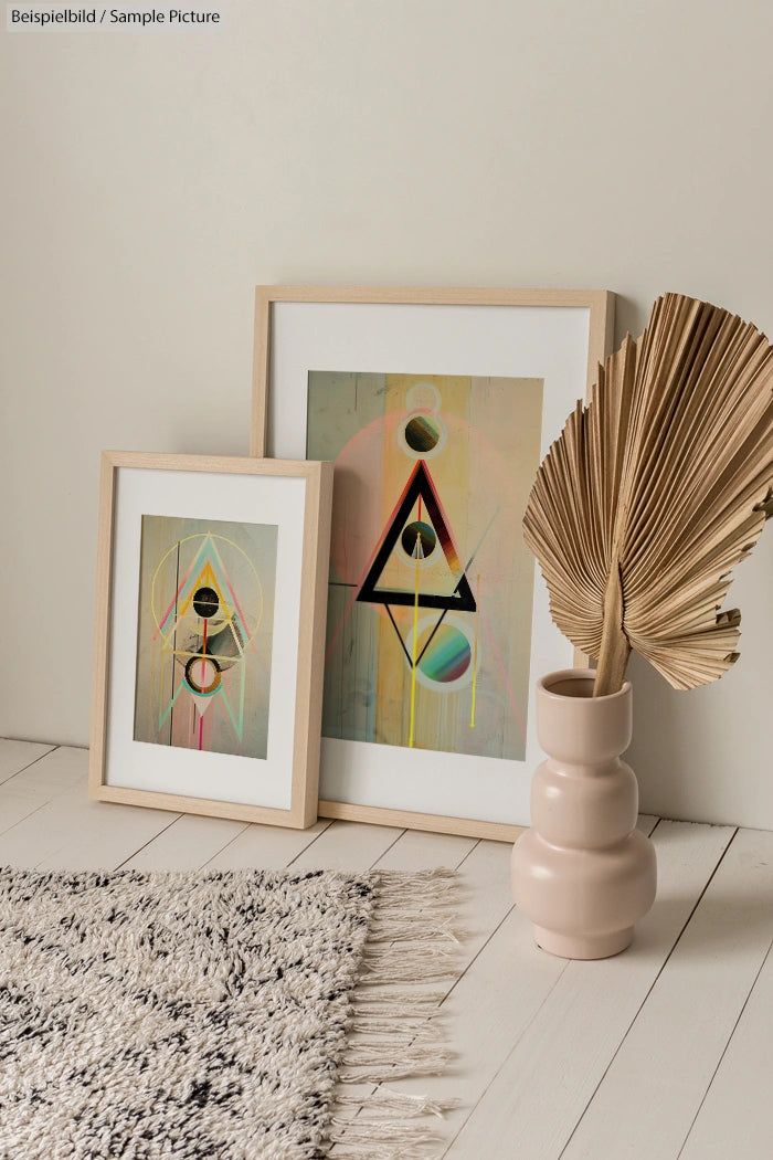 Framed abstract geometric artworks on floor near vase with dried leaves, on a textured rug.