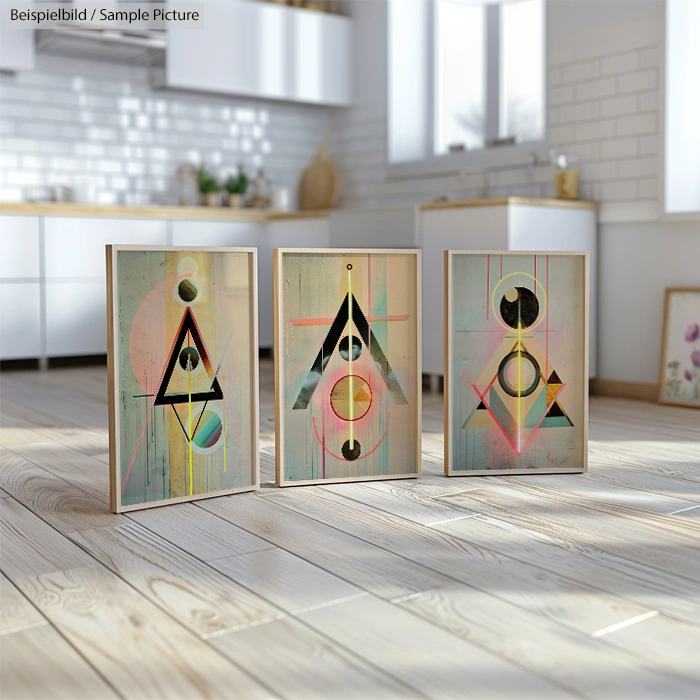Three abstract geometric paintings with triangles and circles on wooden floor in modern kitchen.
