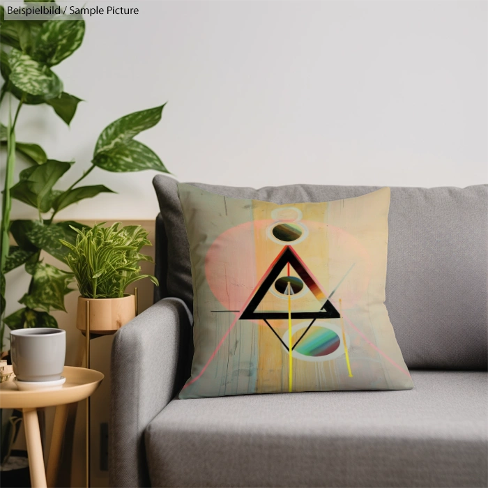 Modern living room with a gray sofa, geometric abstract art cushion, and green plants.
