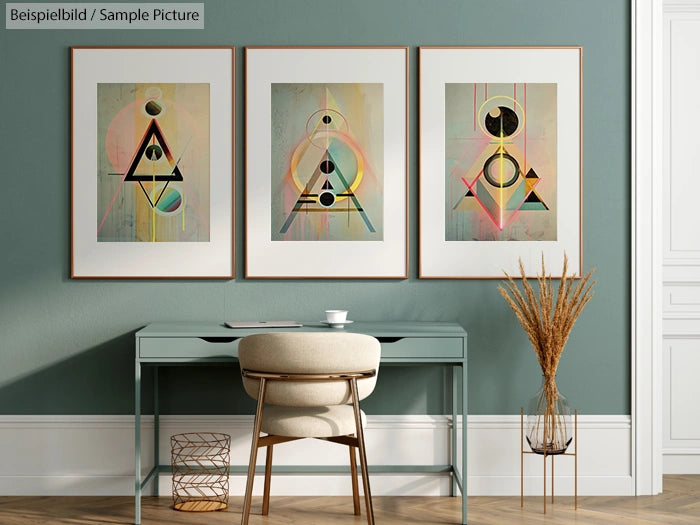 Modern home office with a desk, chair, and three abstract geometric art pieces on the wall.