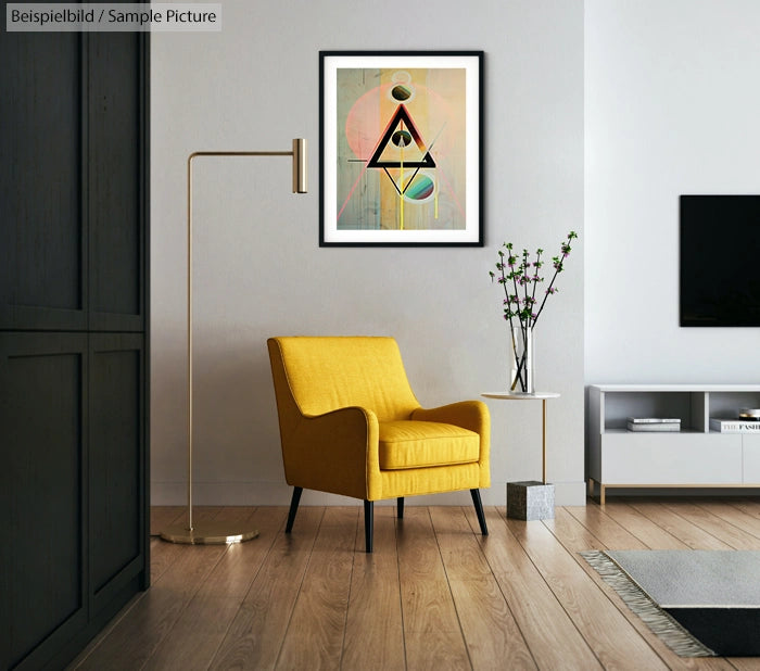 Modern living room with yellow armchair, geometric art on wall, floor lamp, TV, and vase on side table.