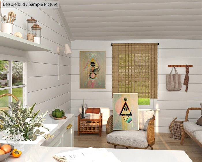 Modern living room with geometric art and wooden accents, featuring a sofa, chair, and woven blinds.