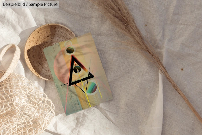Decorative card with geometric design on woven mat next to a mesh bag and dried grass.